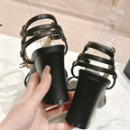 CHANEL Double C Leather High Heel Sandals Black