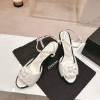 CHANEL Double C New Camellia High Heel Sandals White