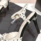 CHANEL Double C New Camellia High Heel Sandals White/ Black Caro