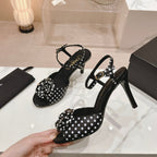 CHANEL Double C New Camellia High Heel Sandals Black/ White Caro