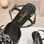 CHANEL Double C New Camellia High Heel Sandals Black/ White Caro