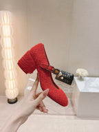 CHANEL HIGH MARY JANE SHOES RED PINK WOOL TWEED