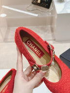 CHANEL HIGH MARY JANE SHOES RED PINK WOOL TWEED