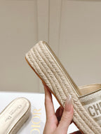 DIOR DWAY WEDGE SLIDES 45MM IN WARM GREIGE FABRIC RAFFIA SOLE