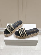 DIOR DWAY WEDGE SLIDES 45MM IN BLACK AND BEIGE FABRIC RAFFIA SOLE