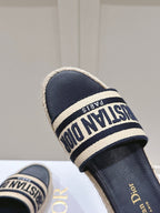 DIOR DWAY WEDGE SLIDES 45MM IN BLACK AND BEIGE FABRIC RAFFIA SOLE