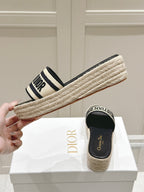 DIOR DWAY WEDGE SLIDES 45MM IN BLACK AND BEIGE FABRIC RAFFIA SOLE