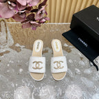 CHANEL PLATFORM SLIPPERS IN WHITE TWEED AND LAMBSKIN