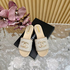 CHANEL PLATFORM SLIPPERS IN LIGHT GREY TWEED AND LAMBSKIN