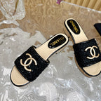 CHANEL PLATFORM SLIPPERS IN BLACK TWEED AND LAMBSKIN