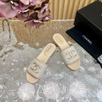 CHANEL PLATFORM SLIPPERS IN LIGHT GREY TWEED AND LAMBSKIN
