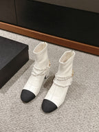 CHANEL LOW CUT BOOTS IN WHITE STRETCH LAMBSKIN AND GROSGRAIN WITH PEARL CHAIN