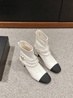 CHANEL LOW CUT BOOTS IN WHITE STRETCH LAMBSKIN AND GROSGRAIN WITH PEARL CHAIN