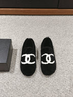 CHANEL LOAFERS IN BLACK FLEECE WITH WHITE LOGO
