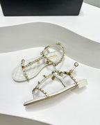 CHANEL SANDALS PEARL CHAIN IN WHITE COWHIDE