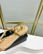 CHANEL SANDALS PEARL CHAIN IN BEIGE CREAM COWHIDE