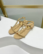 CHANEL SANDALS PEARL CHAIN IN BEIGE CREAM COWHIDE