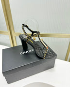 CHANEL HIGH HEELS PEARL CHAIN IN BLACK COWHIDE
