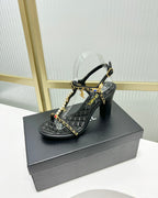 CHANEL HIGH HEELS PEARL CHAIN IN BLACK COWHIDE