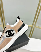 CHANEL SNEAKER IN TAN BROWN SUEDE AND GREY BREATHABLE MESH