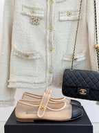 CHANEL FLAT SHOES IN BEIGE MESH AND BLACK LAMBSKIN
