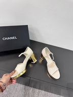CHANEL BLOCK HEEL SANDALS WHITE SHEEPSKIN