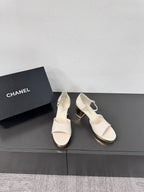 CHANEL BLOCK HEEL SANDALS WHITE SHEEPSKIN