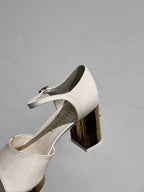CHANEL BLOCK HEEL SANDALS WHITE SHEEPSKIN