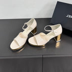 CHANEL BLOCK HEEL SANDALS WHITE SHEEPSKIN