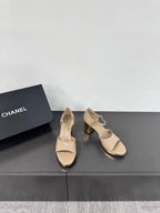 CHANEL BLOCK HEEL SANDALS BEIGE SHEEPSKIN