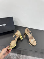 CHANEL BLOCK HEEL SANDALS BEIGE SHEEPSKIN