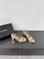 CHANEL BLOCK HEEL SANDALS BEIGE SHEEPSKIN