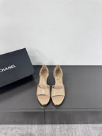 CHANEL BLOCK HEEL SANDALS BEIGE SHEEPSKIN