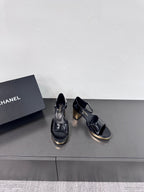CHANEL BLOCK HEEL SANDALS BLACK SHEEPSKIN