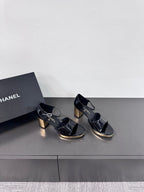 CHANEL BLOCK HEEL SANDALS BLACK SHEEPSKIN