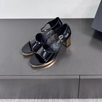 CHANEL BLOCK HEEL SANDALS BLACK SHEEPSKIN