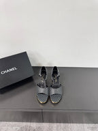 CHANEL BLOCK HEEL SANDALS BLACK POLKA DOT SHEEPSKIN