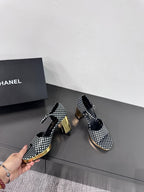 CHANEL BLOCK HEEL SANDALS BLACK POLKA DOT SHEEPSKIN