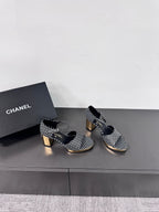 CHANEL BLOCK HEEL SANDALS BLACK POLKA DOT SHEEPSKIN