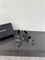 CHANEL BLOCK HEEL SANDALS BLACK POLKA DOT SHEEPSKIN