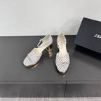 CHANEL BLOCK HEEL SANDALS WHITE POLKA DOT SHEEPSKIN