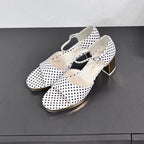 CHANEL BLOCK HEEL SANDALS WHITE POLKA DOT SHEEPSKIN