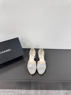 CHANEL BLOCK HEEL SANDALS WHITE POLKA DOT SHEEPSKIN