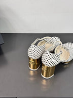 CHANEL BLOCK HEEL SANDALS WHITE POLKA DOT SHEEPSKIN