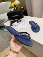 CHANEL THONG SLIPPERS IN COBALT BLUE DENIM