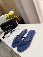 CHANEL THONG SLIPPERS IN COBALT BLUE DENIM