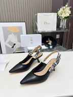 DIOR J'A SLINGBACK PUMP BLACK CALFSKIN AND EMBROIDERED FABRIC 65 MM