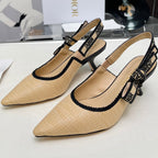 DIOR J'A SLINGBACK PUMP NATURAL RAFFIA AND BLACK EMBROIDERED COTTON 65 MM