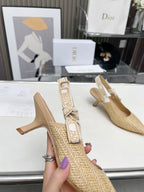 DIOR J'A SLINGBACK PUMP NATURAL RAFFIA AND BEIGE EMBROIDERED COTTON 65 MM