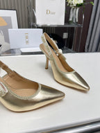 DIOR J'A SLINGBACK PUMP LIGHT GOLD CALFSKIN AND EMBROIDERED FABRIC 10 CM